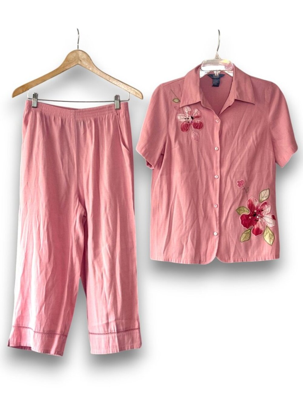 Vintage Napa Valley Two Piece Set Pink Embroidered Floral Blouse and Pants Size